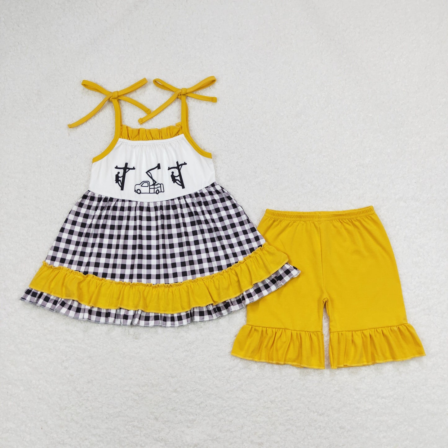 GSSO0771 Pole maintenance workers black and white checkered halter shorts set high quality wholesale kid clothing set for girl