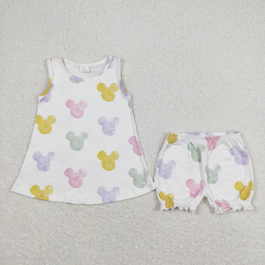 GSSO0774 Colorful Mickey Mouse Head Sleeveless Shorts Girls Sets RTS 202508