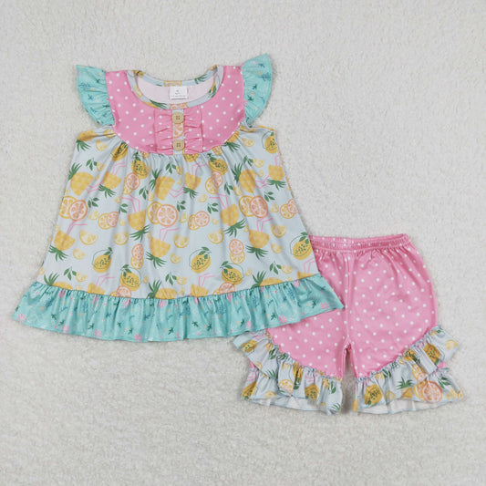 GSSO0782 pineapple lemon dots ruffle flying sleeve shorts girls clothing sets 20240401 RTS