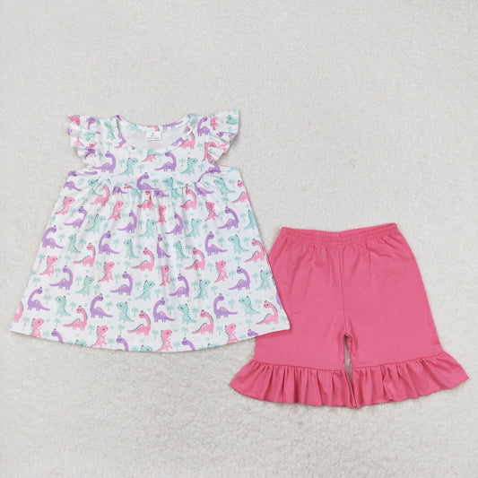 GSSO0787 Summer Outfit Blue Pink Dinosaur sleeveless top ruffle shorts Girls boutique outfit 202501