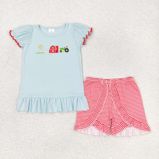 GSSO0788 Embroidery Farm Sun Red House Tractor Short sleeve Red Striped Lace shorts set high quality wholesale little girls