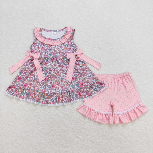 GSSO0789 Floral Pink Bows Ruffle Sleeveless Shorts Girls Set RTS 202508