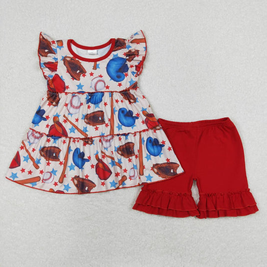 GSSO0793 Baseball Star Pattern Red Flying Sleeve Ruffle Shorts Girls Sets RTS 202508