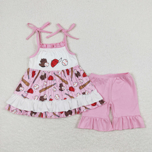GSSO0794 Baseball Pattern Pink Halter Ruffle Shorts Girls Sets RTS 202508