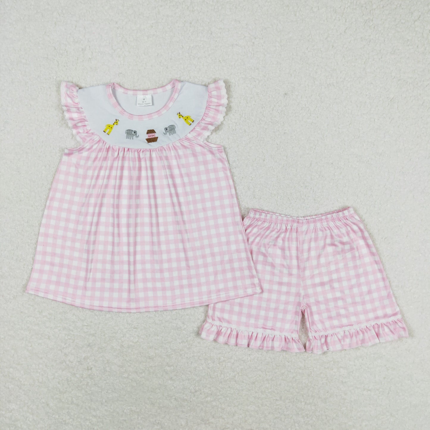 GSSO0795 Embroidered giraffe elephant pink-white plaid flying sleeve shorts set high quality little girls summer clothing sets
