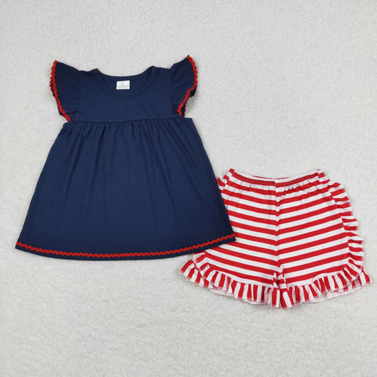 GSSO0796 4th of July Navy Flying Sleeve Red Stripe Ruffle Shorts Girls Sets RTS 202508