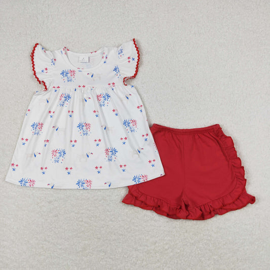 GSSO0797 4th of July Fireworks Star White Flying Sleeve Red Shorts Girls Sets RTS 202508