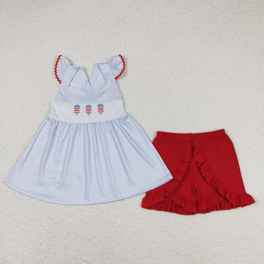GSSO0798 Embroidered bow ice cream blue plaid flying sleeve red shorts set high quality ruffle girls clothing set with bow