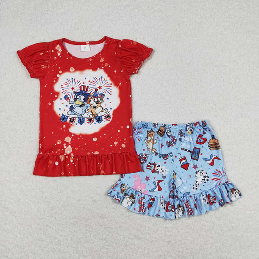 GSSO0804 bluey fireworks red lace short sleeve blue shorts set High quality