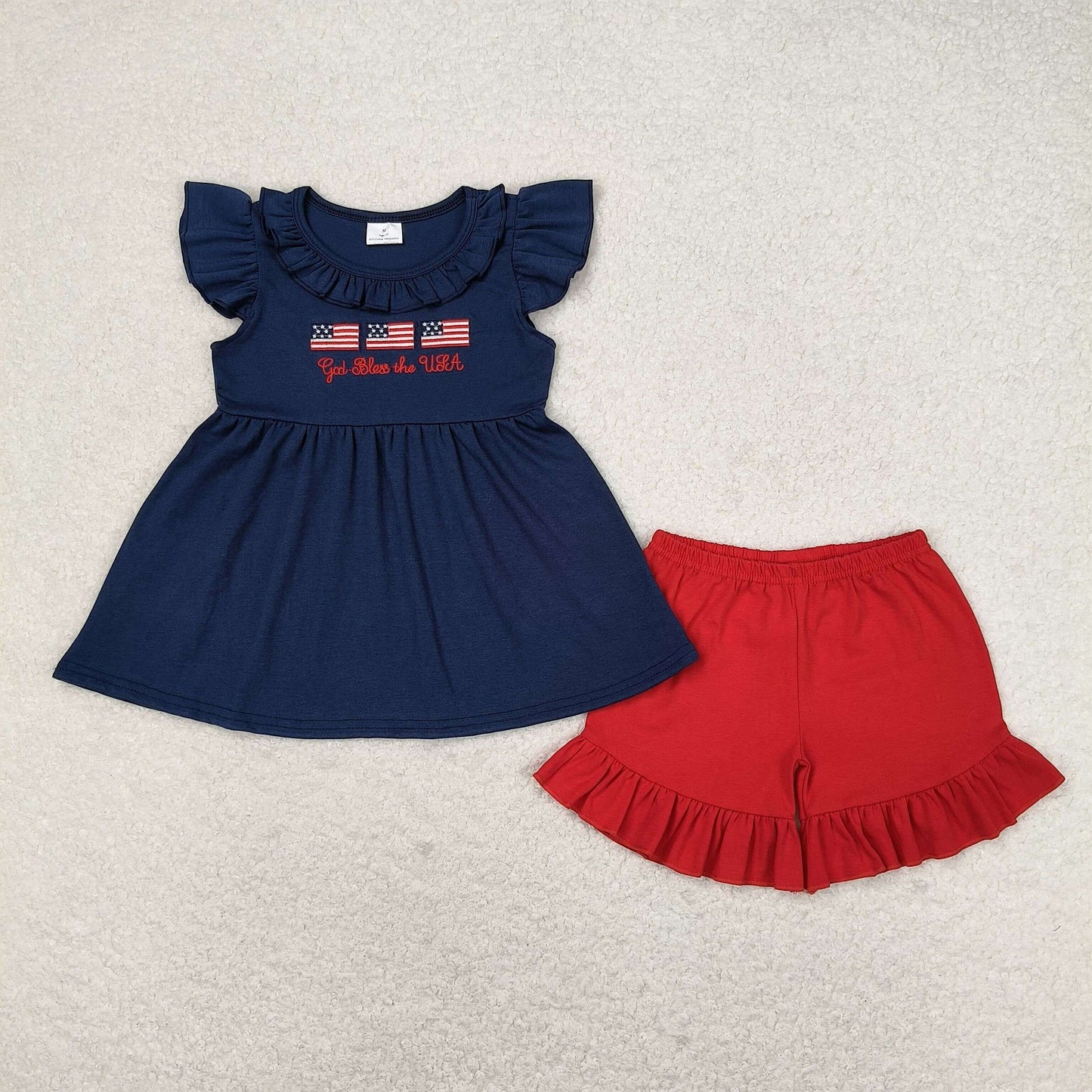 GSSO0805 god bless Embroidery Flag Navy Blue Lace flying sleeve Red shorts set high quality wholesale little girls clothing sets