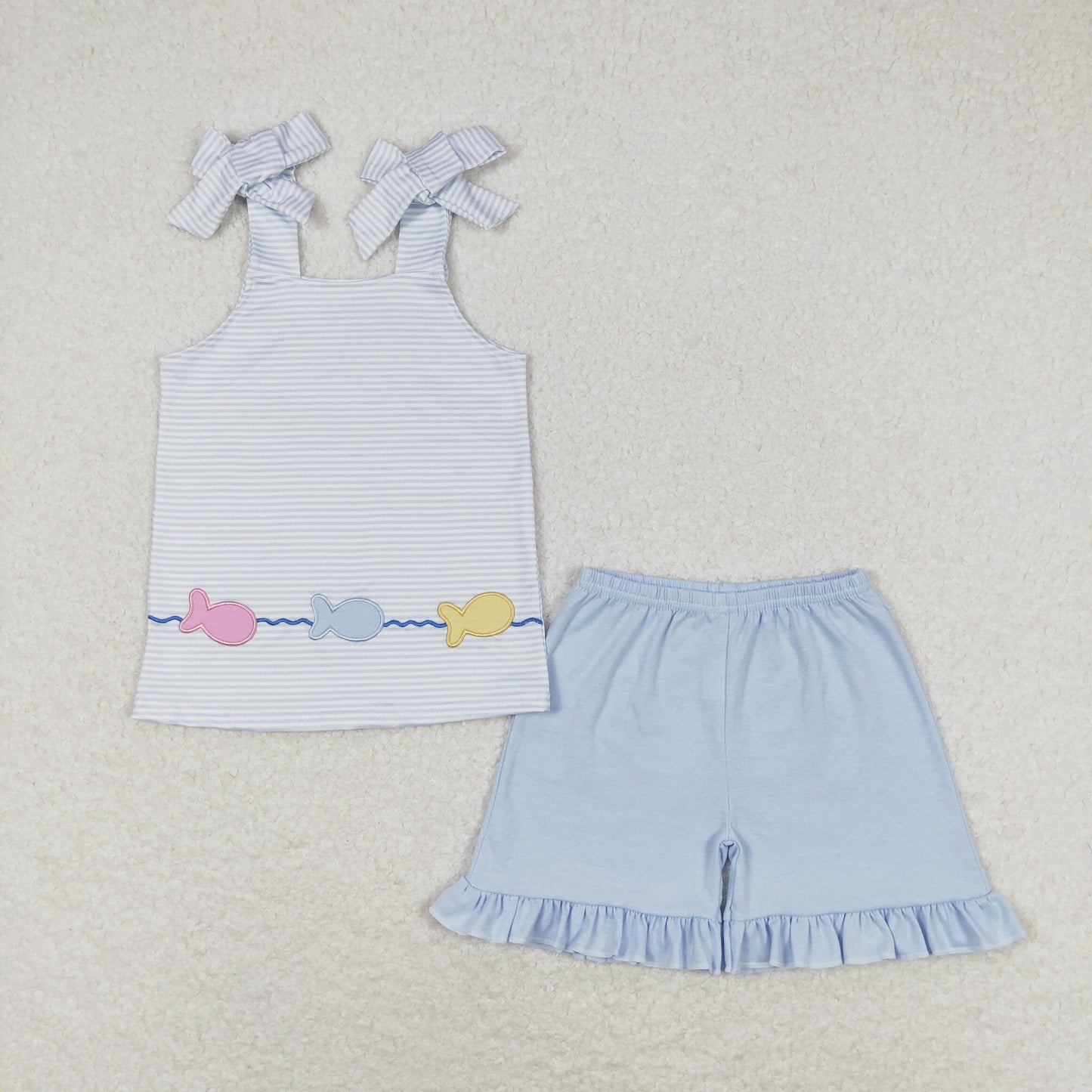 GSSO0809 Embroidered small fish striped ribbon blue shorts set high quality summer teen girl clothing set