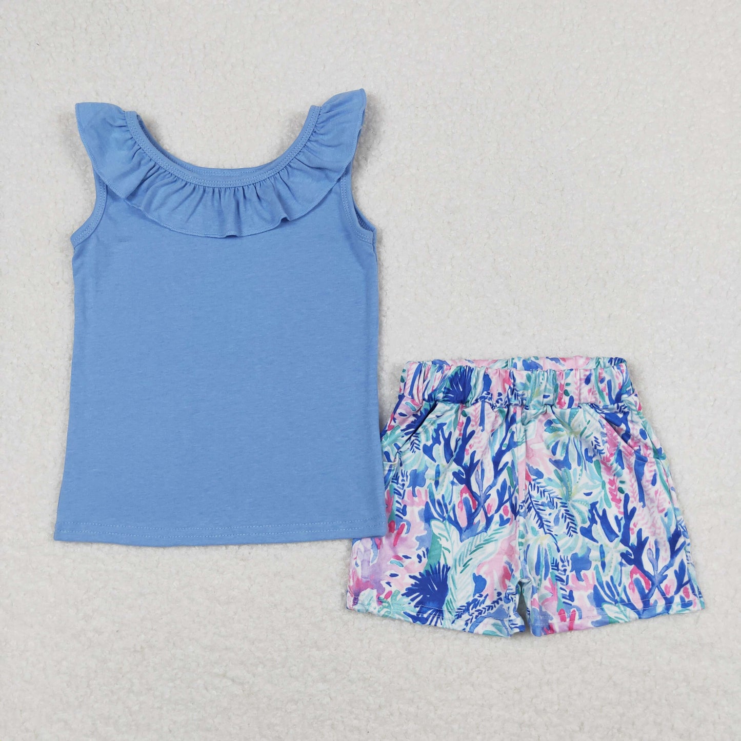 GSSO0812 Blue Ruffled Vest top colored shorts set boutique girls clothing sets summer outfit RTS 202501