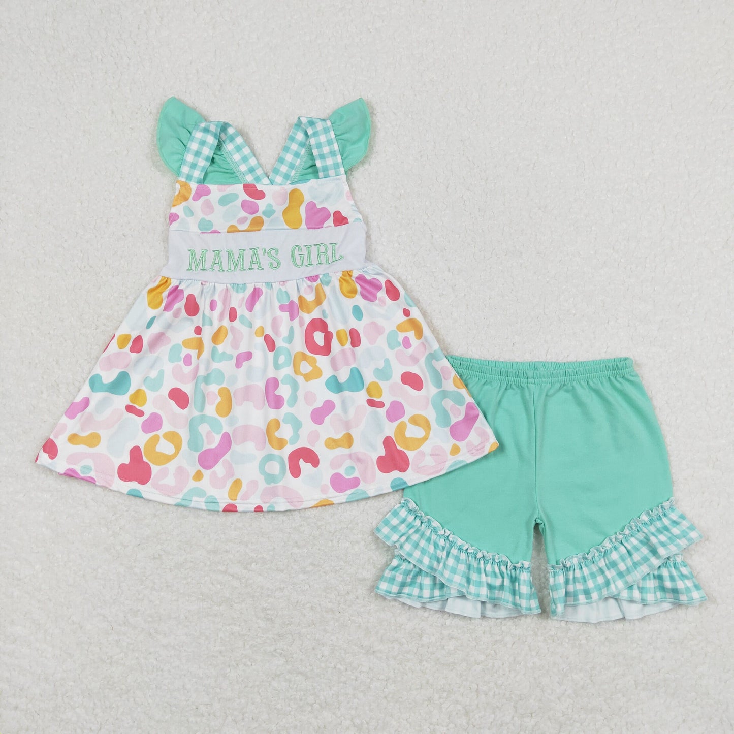 GSSO0815 MAMA'S GIRL colored stained Mint Green Ruffled sleeveless top double lace plaid shorts set Girls clothing sets summer outfit RTS 202501