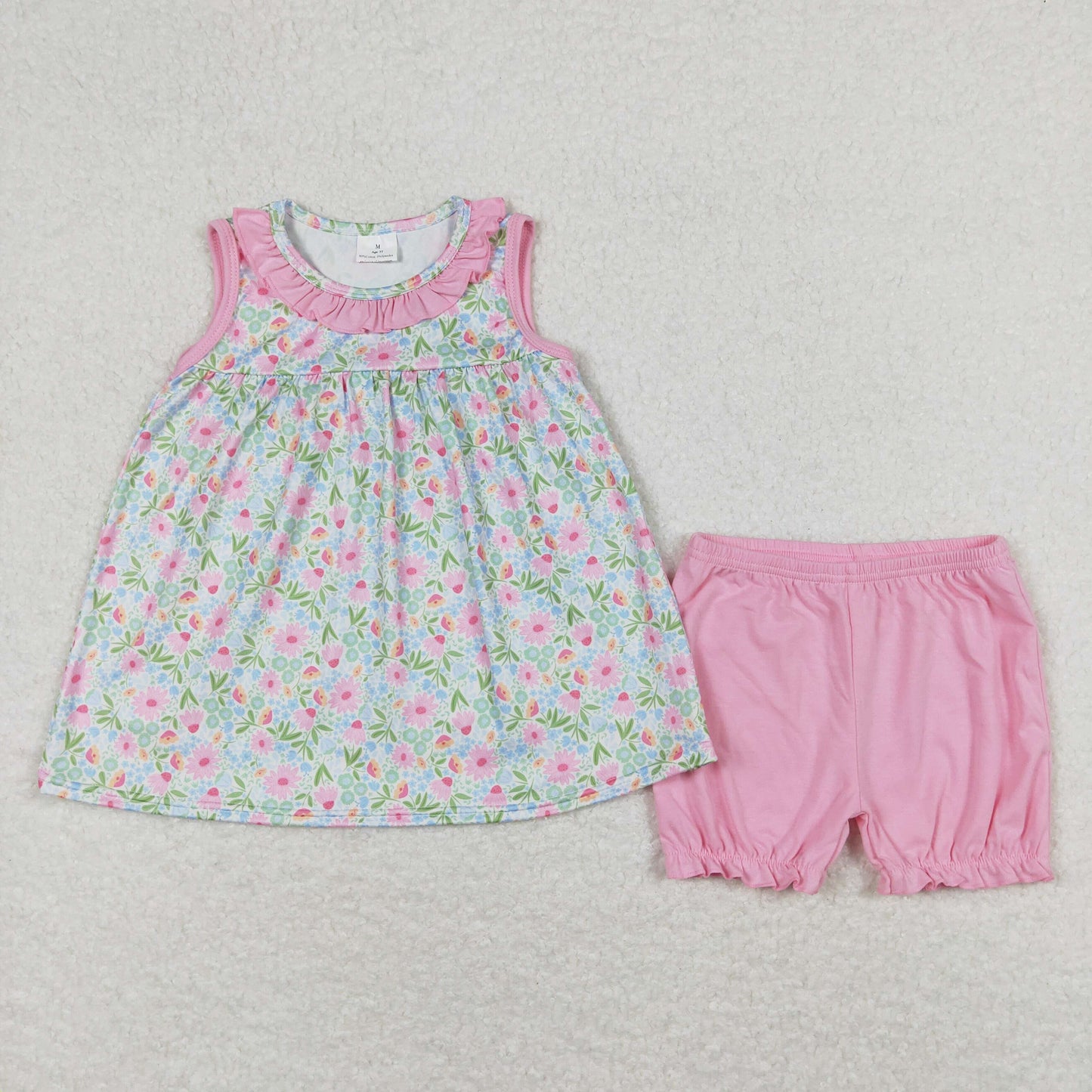 GSSO0825 Floral Pink Ruffle Sleeveless Shorts Cute Girls Set RTS 202508