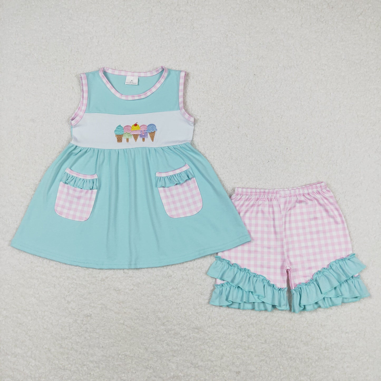 GSSO0826 Embroidered ice cream ice cream check pocket teal sleeveless shorts set high quality set clothing girls