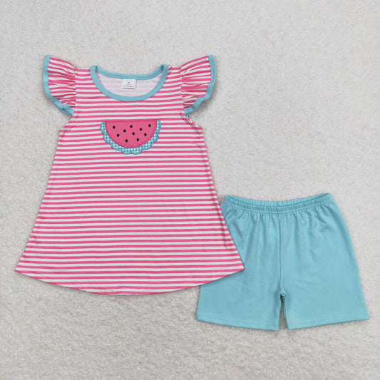 GSSO0834 girls boutique embroidered watermelon pink stripe flying sleeve blue green shorts set 20240411 RTS