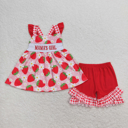 GSSO0835 Embroidered Mama's Girl Red Flower Strawberry Ruffle Fly Sleeve Shorts Sets Girls Boutique Outfit 202404 RTS
