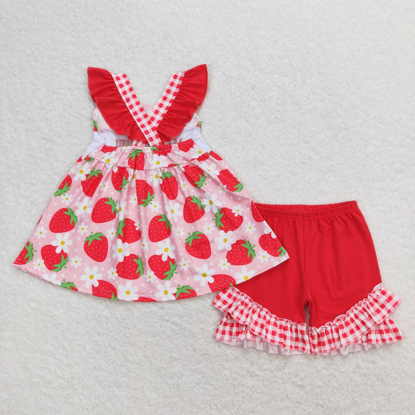 GSSO0835 Embroidered Mama's Girl Red Flower Strawberry Ruffle Fly Sleeve Shorts Sets Girls Boutique Outfit 202404 RTS