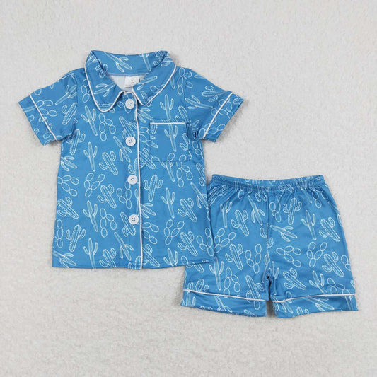 GSSO0842 Cactus Blue Button Short Sleeve Top Shorts Pajamas Sets Boutique Girls Outfits 202504 RTS