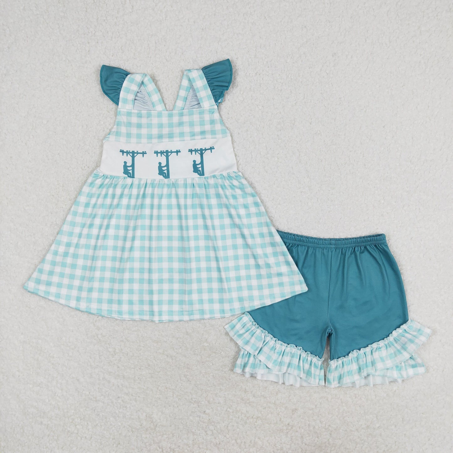 GSSO0847 Pole maintenance workers plaid flying sleeve shorts set high quality wholesale baby girl clothing sets summer