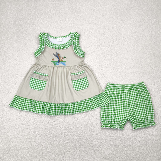 GSSO0848 Duck Hunting Pocket Green Beige Ruffle Plaid Sleeveless Shorts Sets Girls Boutique Outfits 202504 RTS