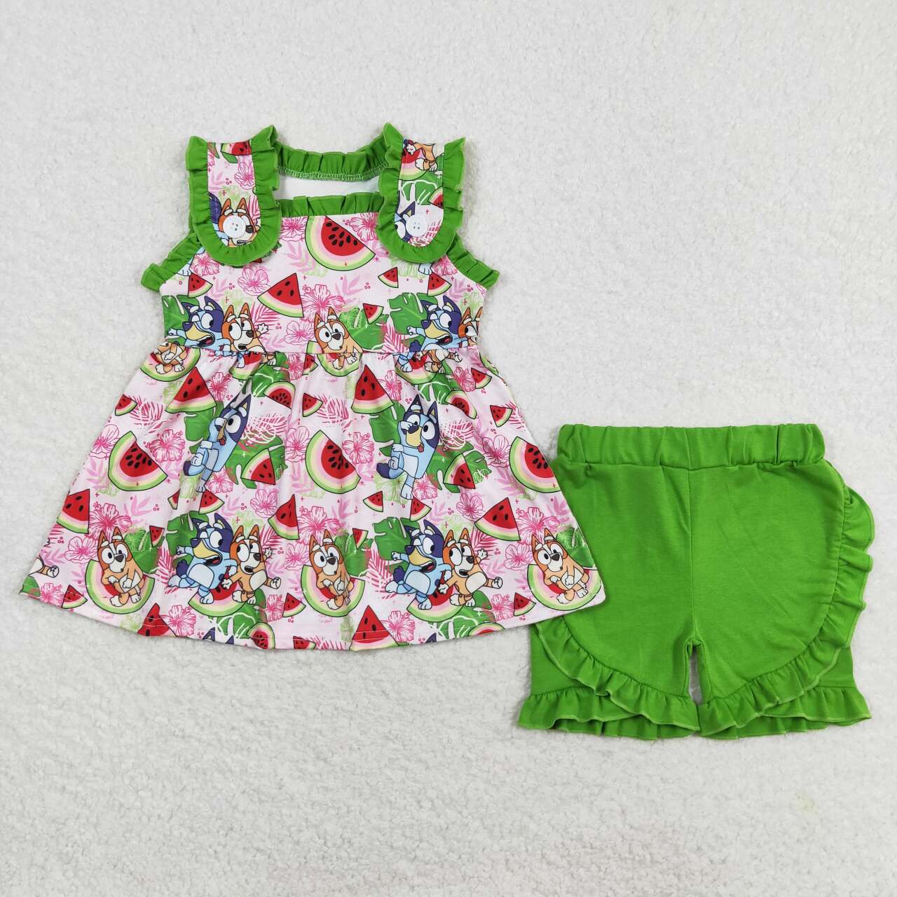 GSSO0859 Summer Outfit Cartoon Green sleeveless top ruffle shorts Girls boutique outfit 202501