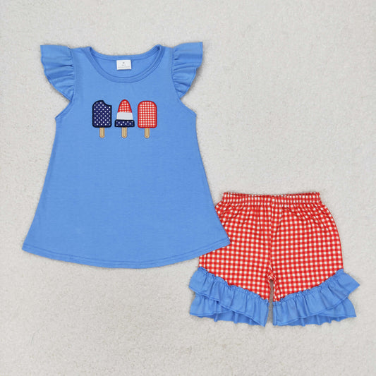 GSSO0860 Embroidered Popsicle ice cream blue flying sleeves red plaid shorts set girls clothing sets logo