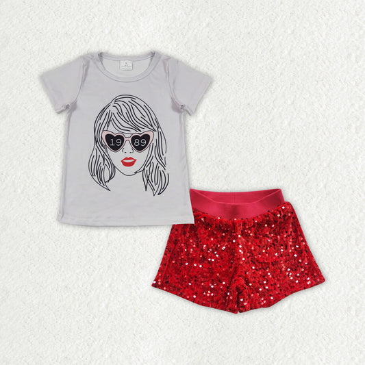GSSO0861 2pcs Swift Singer Red Sequin Shorts Girls Short Sleeve Outfits RTS 202507