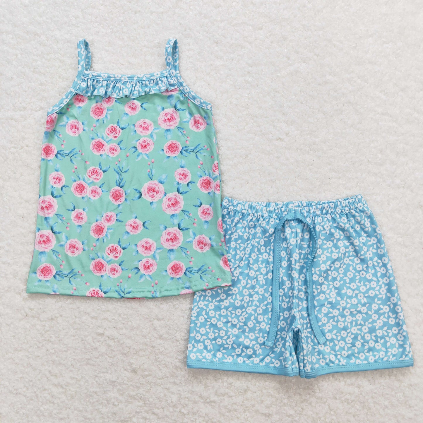 GSSO0863 Flower Blue Green Halter Shorts Girls Set RTS 202509