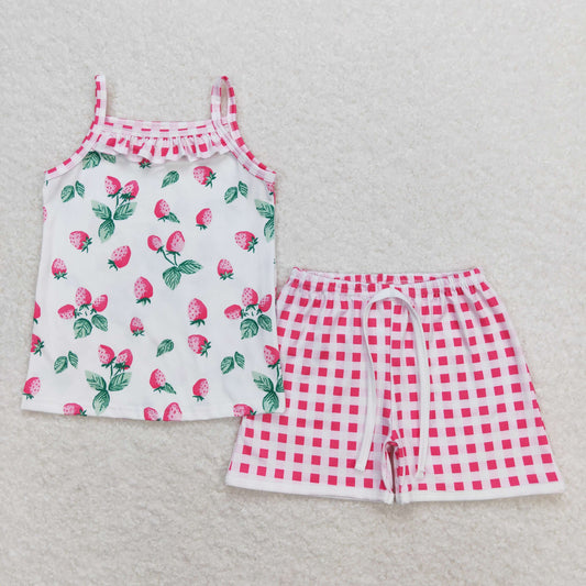 GSSO0866 Strawberry Sleeveless Plaid Shorts Girls Set RTS 202508