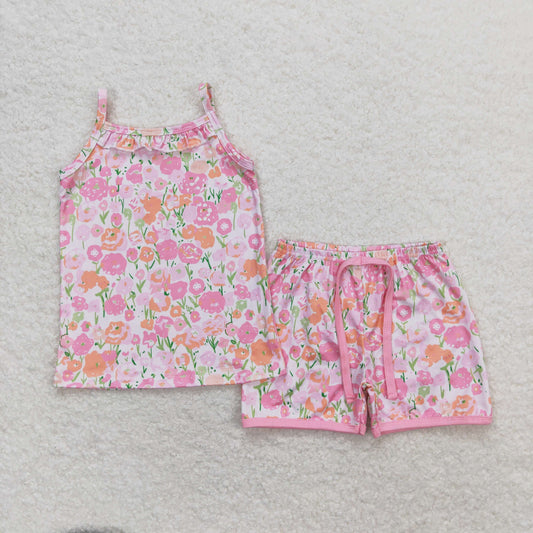 GSSO0868 Floral Ruffle Pink Halter Top Shorts Sets Girls Boutique Outfit 202404 RTS