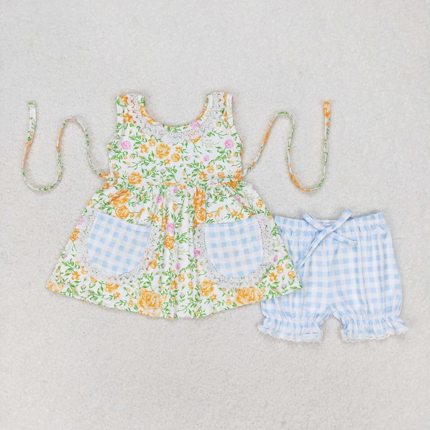 GSSO0871 Yellow flowers Green leaves pocket sleeveless plaid shorts set High quality girls casual clothing sets