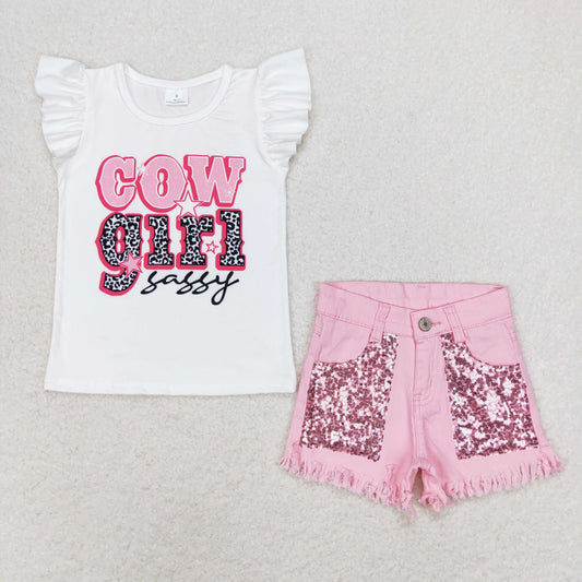 GSSO0876 cowgirl sassy letter white lace sleeves pink sequin denim shorts teen girls clothing sets