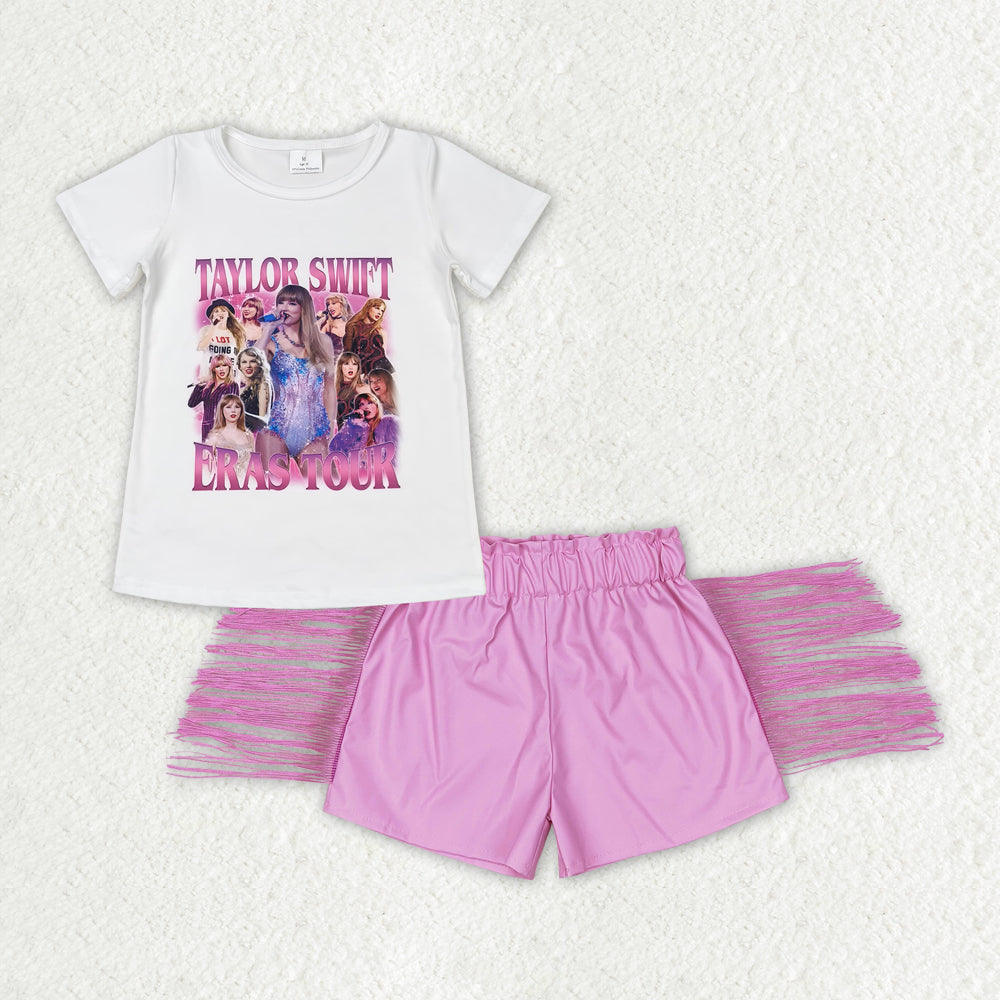 GSSO0877 taylor swift eras tour white short-sleeved pink fringe shorts suit
