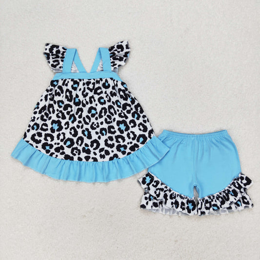 GSSO0878 Leopard Blue Ruffle Flying Sleeve Shorts Girls Set RTS 202509