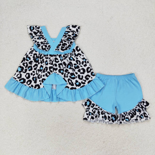 GSSO0878 Leopard Blue Ruffle Flying Sleeve Shorts Girls Set RTS 202509