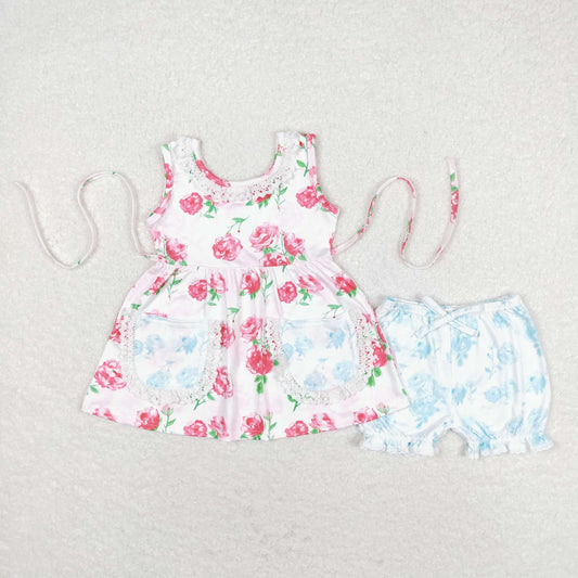 GSSO0882 Pink blue flowers lace lace pocket sleeveless shorts set high quality baby girl clothing sets summer