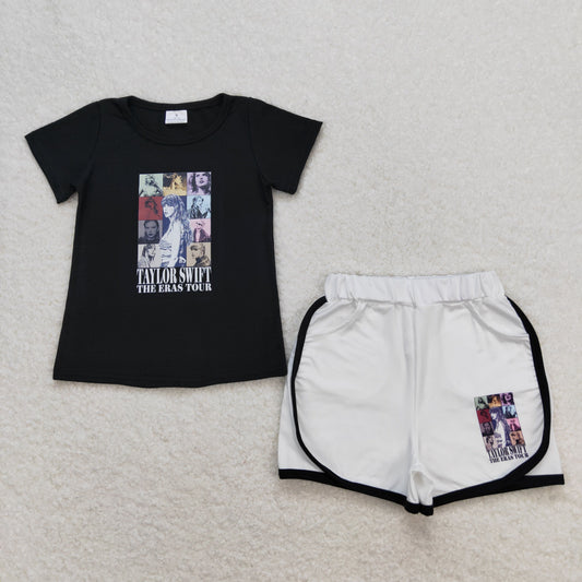 GSSO0885 Offset Print taylor Swift Black Short Sleeve Shorts Girls Set RTS 202508