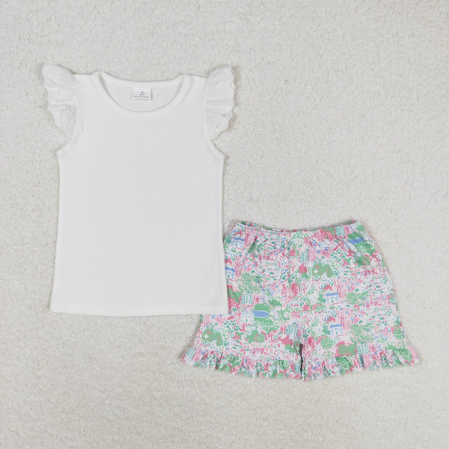 GSSO0888 Solid color White flying sleeve flower green shorts set High quality kids clothing set for girls