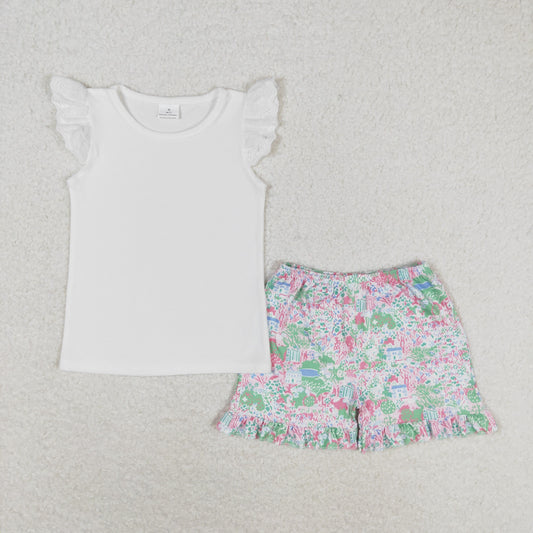 GSSO0888 Solid color White flying sleeve flower green shorts set High quality kids clothing set for girls