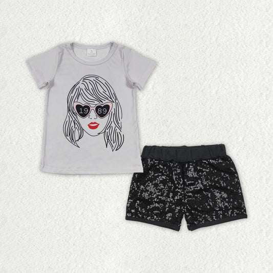 GSSO0898 2pcs Swift Singer Gray Short Sleeve Black Sequined Shorts Outfits RTS 202507