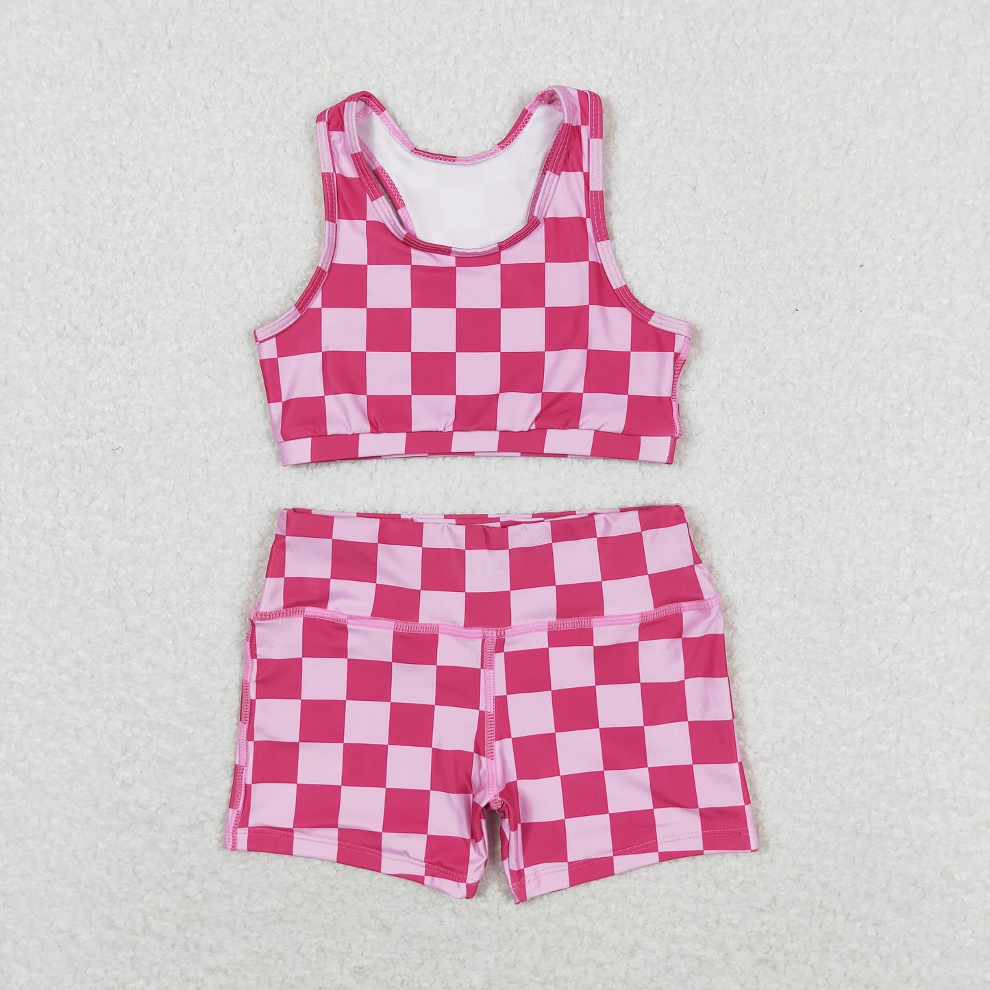 GSSO0905 Pink plaid sleeveless shorts set High quality baby clothing sets for girls