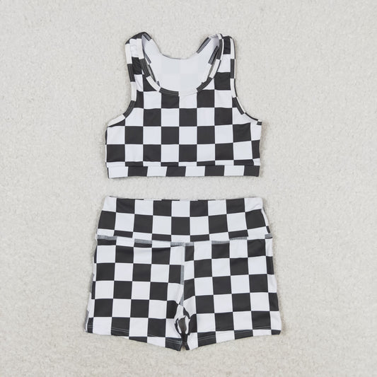 GSSO0906 Black and white plaid sleeveless shorts set high quality kids clothing sets 4 year girl