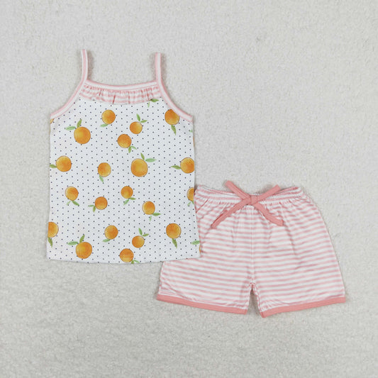 GSSO0909 Orange polka dot white sleeveless striped shorts set high quality girls clothing sets 5 years