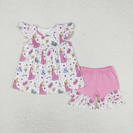 GSSO0910 Disney Princess Flower Stars Pink flying Sleeve shorts set