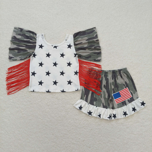 GSSO0918 4th of July boutique set red tassel camo short sleeve top shorts Girls boutique outfit 202501