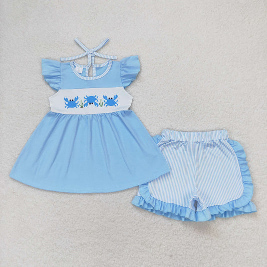 GSSO0927 Crab Blue Flying Sleeve Stripe Ruffle Shorts Girls Set RTS 202509  Sibling