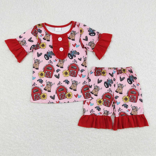 GSSO0932 Love Farm Cow Flower Red Flare Short Sleeve Shorts Girls Outfits 202504 RTS