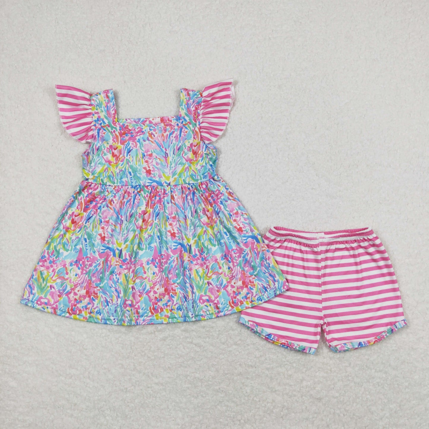GSSO0937 Sweet Girl Summer Outfit pink blue Mixed color Ruffle sleeveless top shorts set Girls boutique outfit 202501