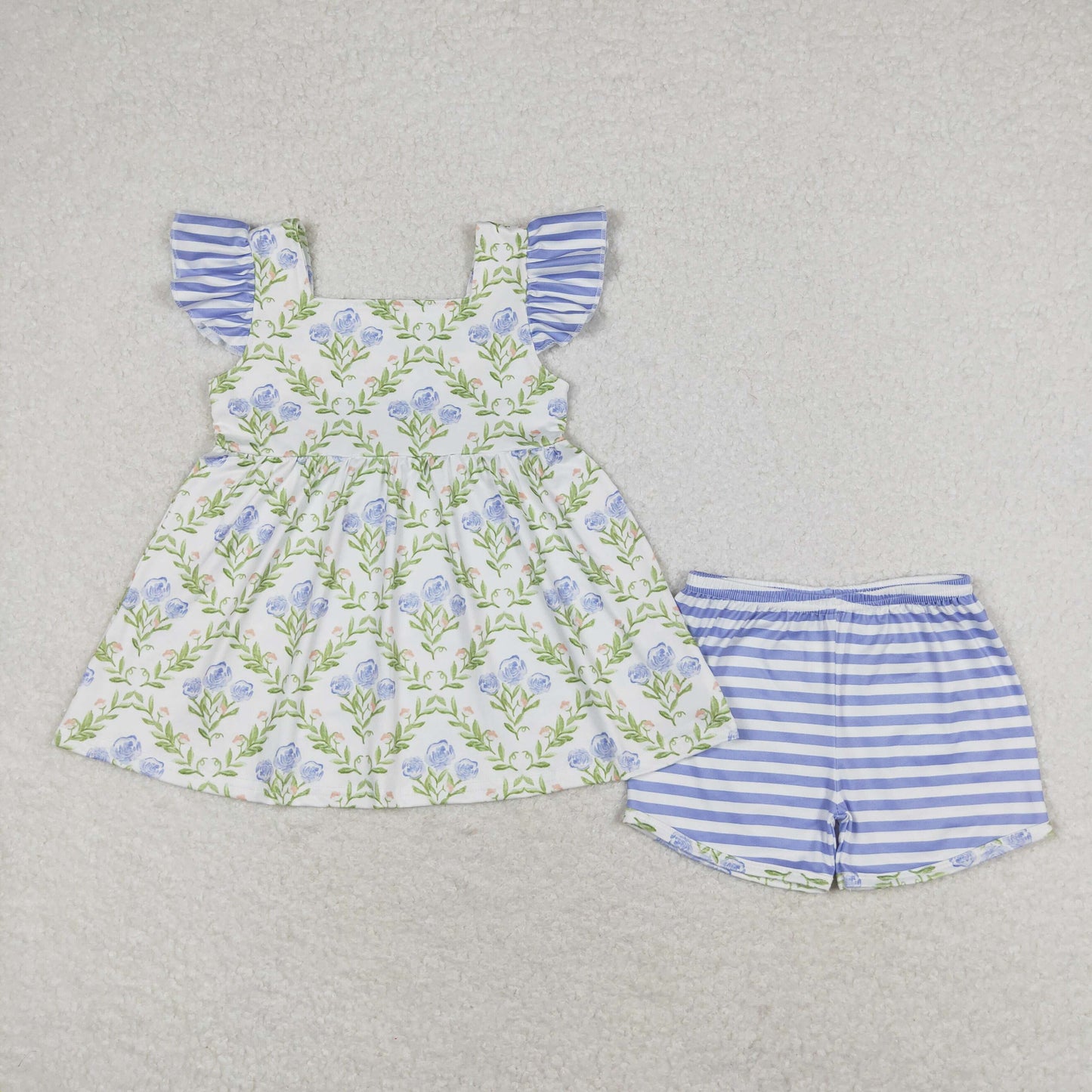 GSSO0938 Bouquet Flowers Blue striped flying Sleeve Shorts set High quality wholesale girls clothing sets